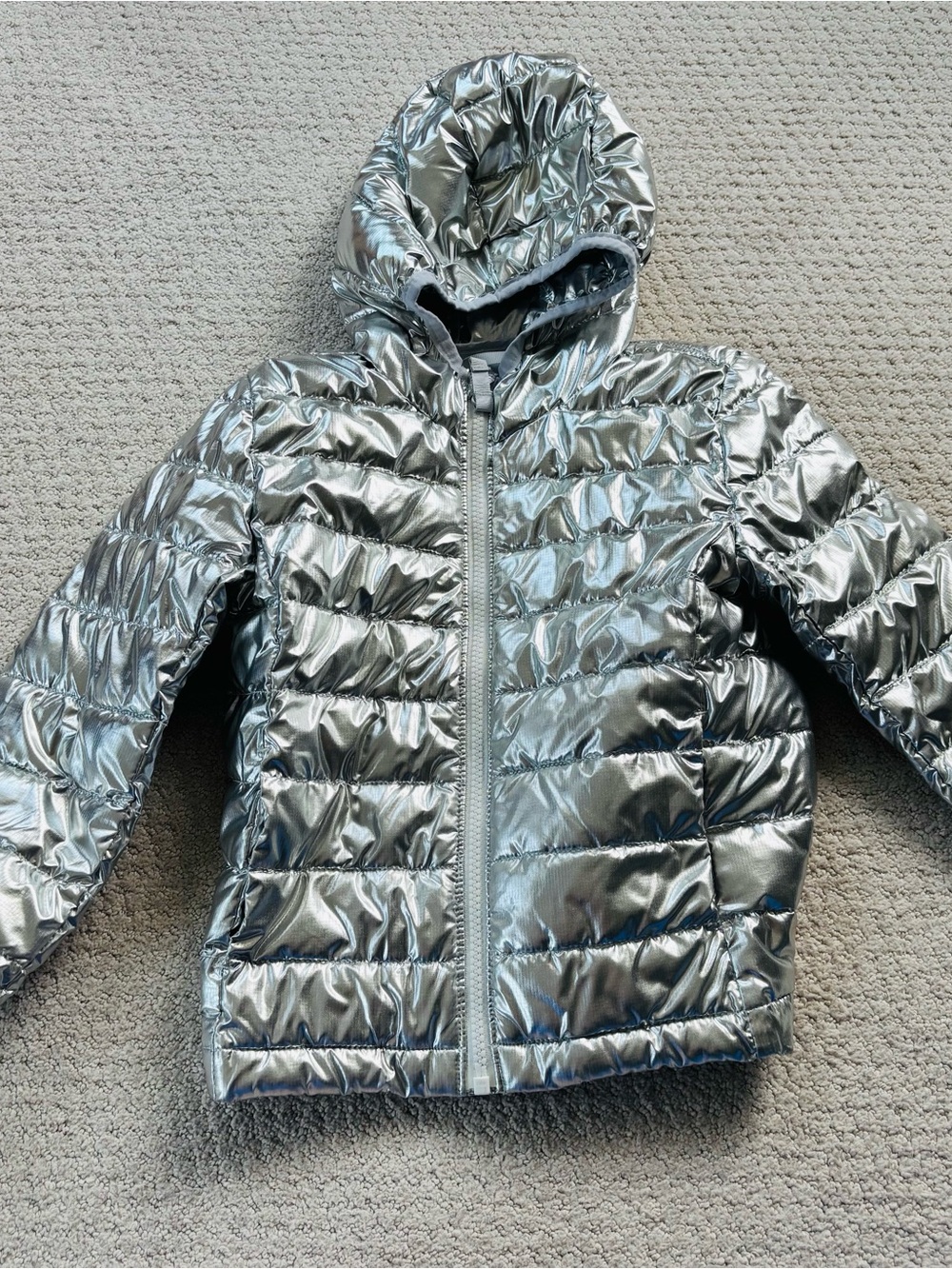 Primary Kids Metallic Silver Puffer Jacket with Hood